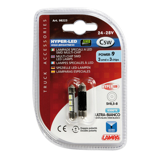 Bec Hyper-Led9 - 3SMD 24/28V sofit 10x36mm soclu SV8,5-8 2buc - Alb
