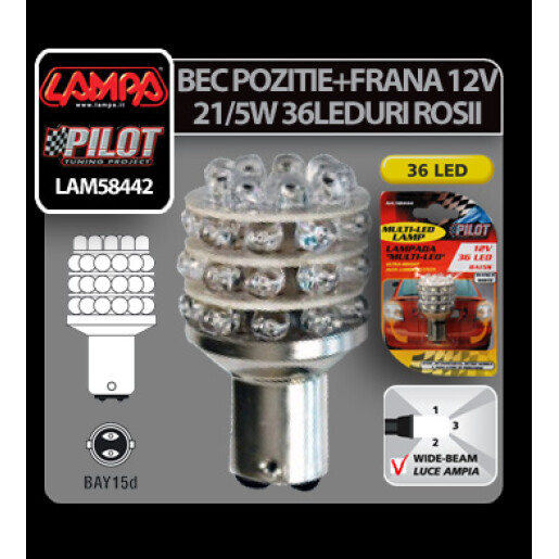 Bec Multi-Led 36Led 12V - P21/5W Pozitie, Frana BAY15d 1buc - Rosu