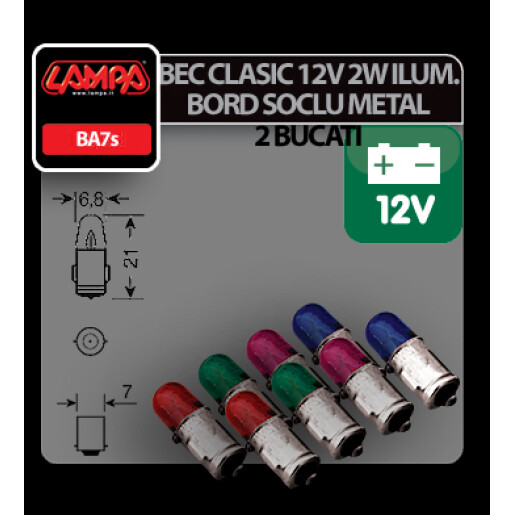 Bec clasic 2W 12V iluminat bord soclu metal BA7s 2buc - Verde