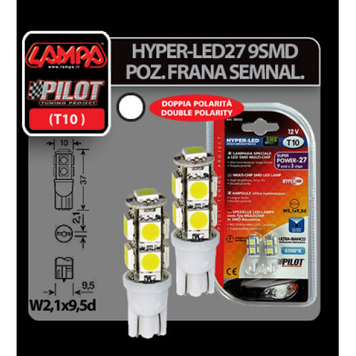 Bec Hyper-Led27 - 9SMD 12V pozitie T10 W2,1x9,5d 2buc - Alb