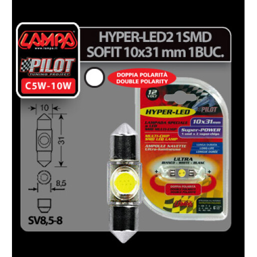 Bec Hyper-Led2 - 1SMD 12V sofit 10x31mm soclu SV8,5-8 1buc - Alb