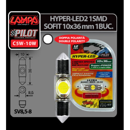 Bec Hyper-Led2 - 1SMD 12V sofit 10x36mm soclu SV8,5-8 1buc - Alb