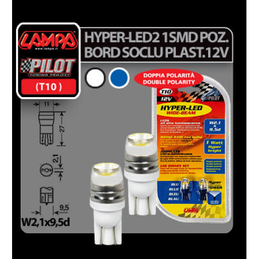 Bec Hyper-Led2 - 1SMD 12V pozitie T10 - W2,1x9,5d 2buc - Albas