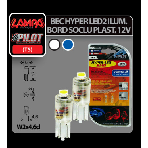 Bec Hyper-Led2 - 1SMD 12V bord soclu T5 W2x4,6d 2buc - Albas