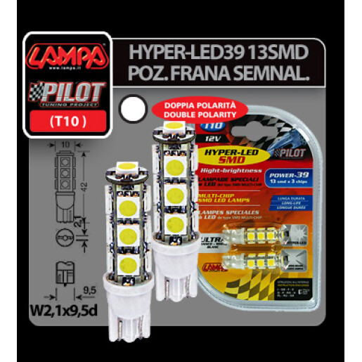 Bec Hyper-Led39 - 13SMD 12V pozitie T10 W2,1x9,5d 2buc - Alb