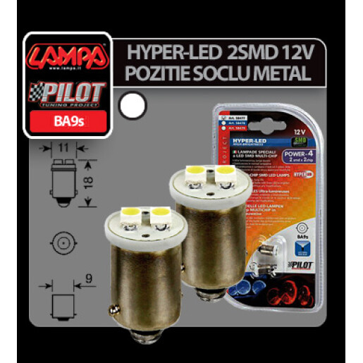 Bec Hyper-Led4 - 2SMD 12V pozitie soclu metal BA9s 2buc - Alb