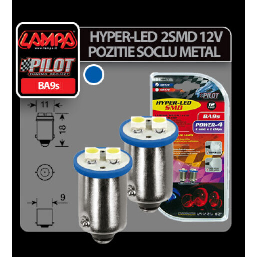 Bec Hyper-Led4 - 2SMD 12V pozitie soclu metal BA9s 2buc - Albast