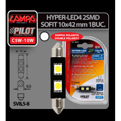 Bec Hyper-Led4 - 2SMD 12V sofit 10x42mm soclu SV8,5-8 1buc - Alb
