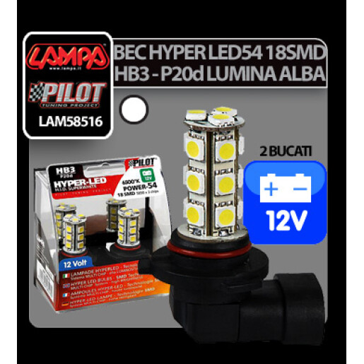 Bec Hyper-Led54 - 18SMD 12V HB3 P20d 2buc - Alb