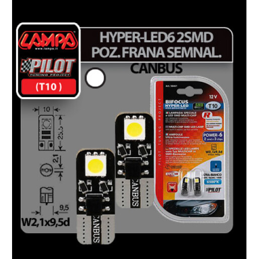 Bec Hyper-Led6 - 2SMD 12V pozitie T10 W2,1x9,5d 2buc Canbus- Alb