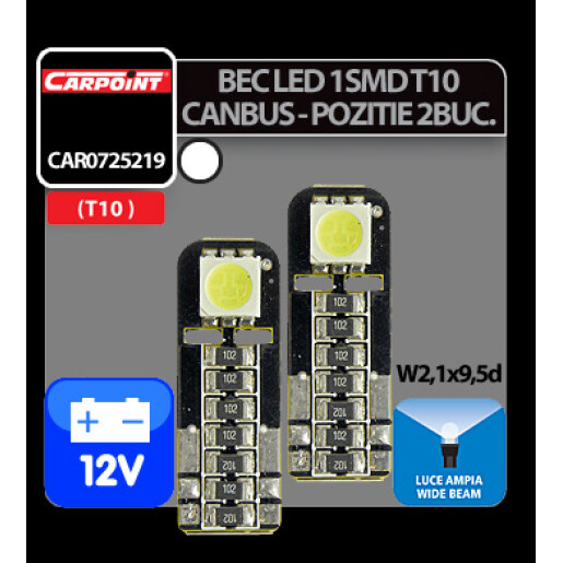 Bec Led - 1SMD 12V pozitie T10 W2,1x9,5d Canbus 2buc Carpoint - Alb dispersat