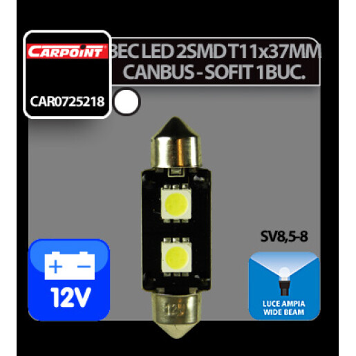 Bec Led - 2SMD 12V sofit T11x37mm soclu SV8,5-8 Canbus 1buc Carpoint - Alb