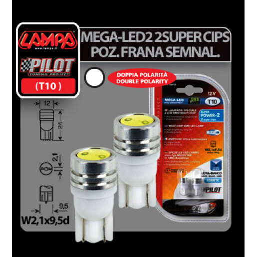 Bec Mega-Led2 - 2Super Cip 12V pozitie T10 W2,1x9,5d 2buc - Alb