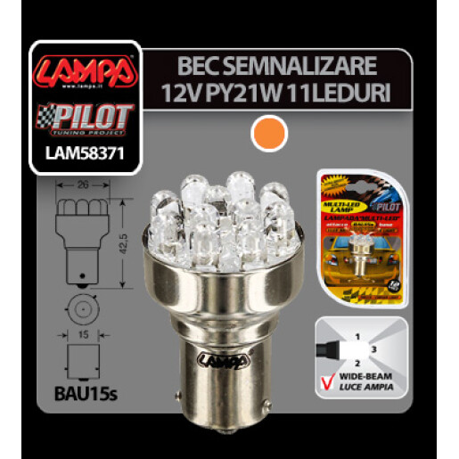 Bec Multi-Led 11Led 12V Semnalizare PY21W - BAU15s Asim.- Galben