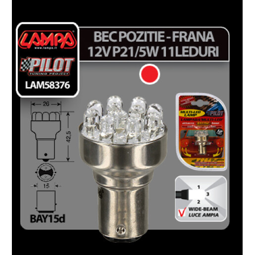Bec Multi-Led 11Led 12V Pozitie, Frana - P21/5W - BAY15d - Rosu