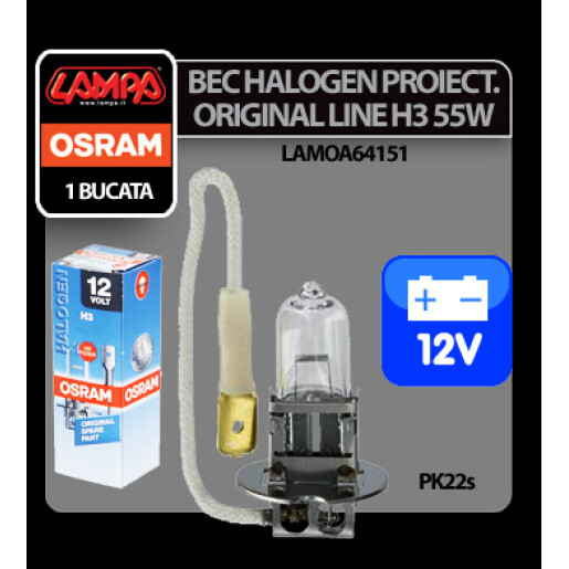 Bec halogen 12V - H3 - 55W Original Line PK22s 1buc Osram
