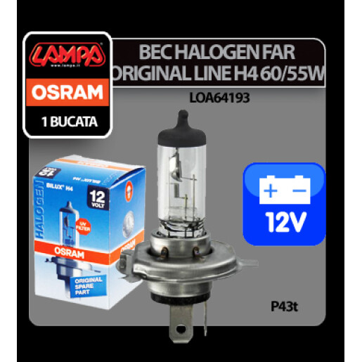 Bec halogen 12V - H4 - 60/55W Original Line P43t 1buc Osram 
