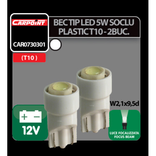 Bec tip LED 12V 1W soclu plastic T10 W2,1X9,5d 2buc Carpoint - Alb focalizat