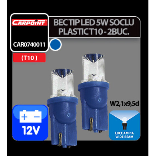 Bec tip LED 12V 5W soclu plastic T10 W2,1X9,5d 2buc Carpoint - Albastru dispersat