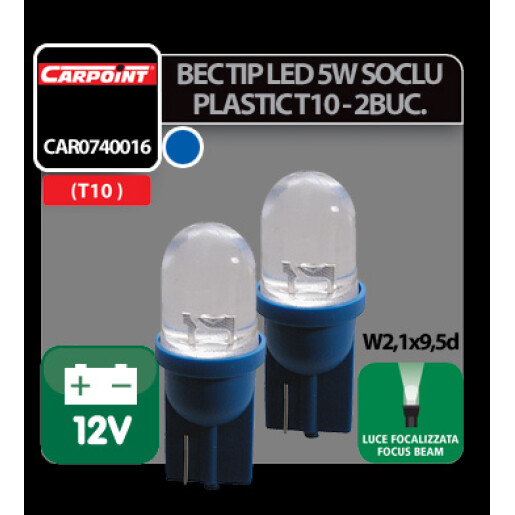 Bec tip LED 12V 5W soclu plastic T10 W2,1X9,5d 2buc Carpoint - Albastru focalizat