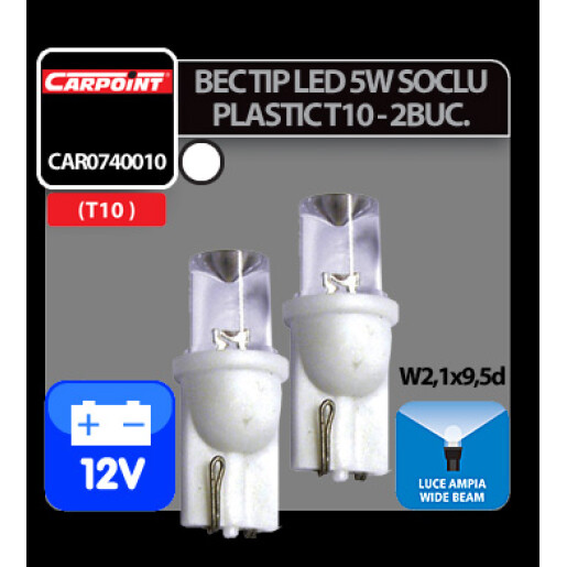 Bec tip LED 12V 5W soclu plastic T10 W2,1X9,5d 2buc Carpoint - Alb dispersat