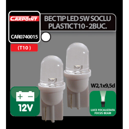Bec tip LED 12V 5W soclu plastic T10 W2,1X9,5d 2buc Carpoint - Alb focalizat