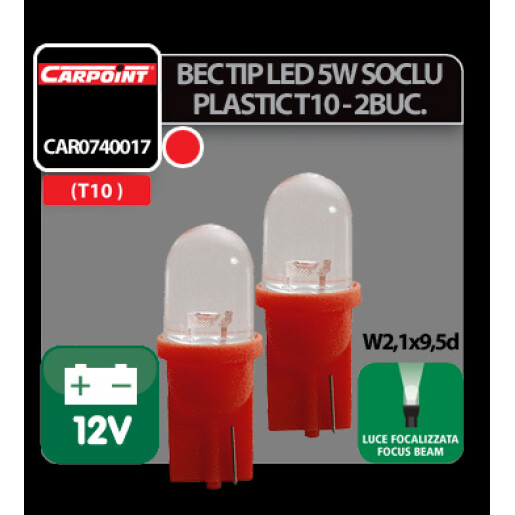 Bec tip LED 12V 5W soclu plastic T10 W2,1X9,5d 2buc Carpoint - Rosu focalizat
