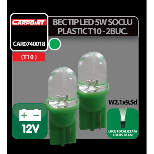 Bec tip LED 12V 5W soclu plastic T10 W2,1X9,5d 2buc Carpoint - Verde focalizat