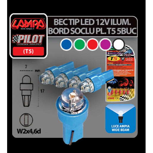 Bec tip LED 12V iluminat bord soclu pl. T5 W2x4,6d 5buc - Rosu