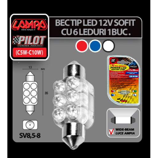 Bec LED 12V - 13x35mm - 6LED Sofit SV8,5-8 1buc - Alb