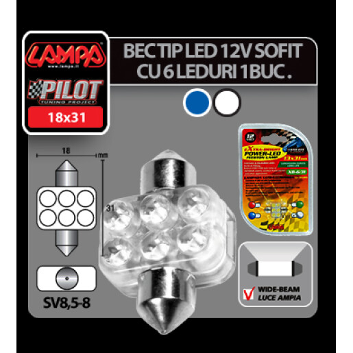 Bec LED 12V - 18x31mm - 6LED Sofit SV8,5-8 1buc - Albastru