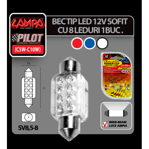 Bec LED 12V - 13x35mm - 8LED Sofit SV8,5-8 1buc - Alb