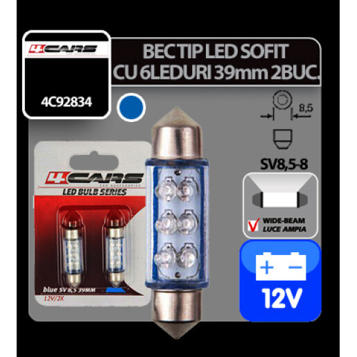 Bec tip LED 12V sofit cu 6 leduri 10x39mm SV8,5-8 2buc - Albastru 