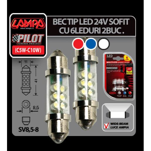 Bec tip LED 24V sofit cu 6 leduri 11x41mm SV8,5-8 2buc - Alb