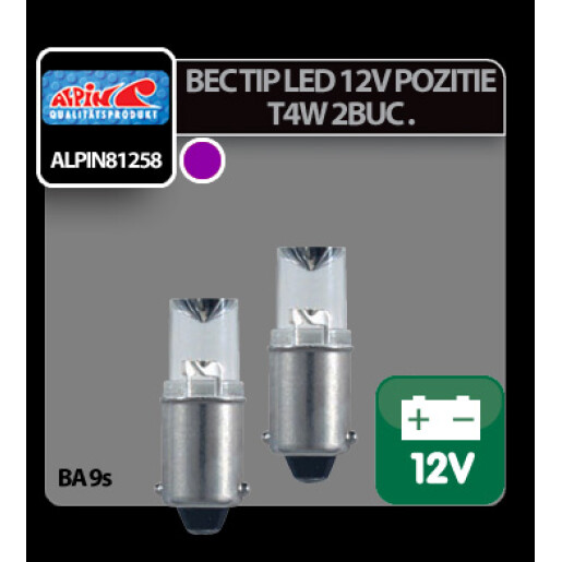 Bec tip LED 12V iluminat bord, soclu metal T4W BA9s 2buc - Mov