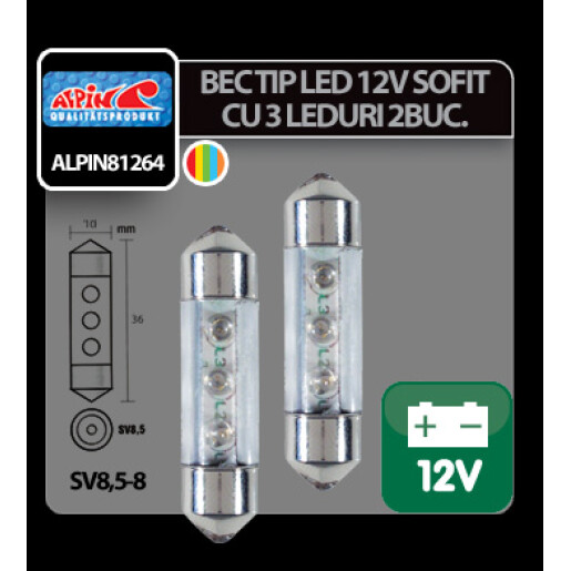 Bec tip LED 12V sofit cu 3 leduri 10x36mm SV8,5-8 2buc - Curcubeu