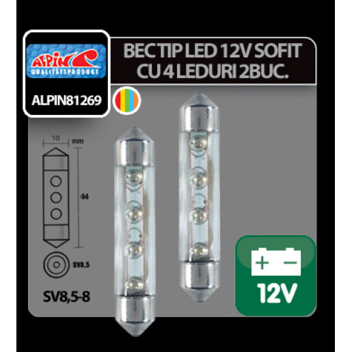 Bec tip LED 12V sofit cu 4 leduri 10x44mm SV8,5-8 2buc - Curcubeu