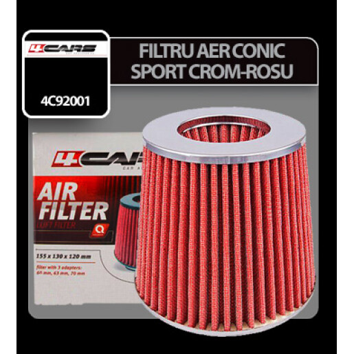 Filtru aer conic sport 4Cars - Crom/Rosu