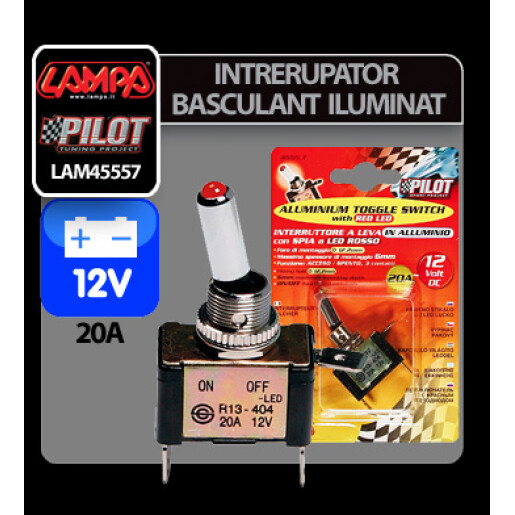 Intrerupator basculant cu LED, 2 terminale 12V - 20A - Rosu