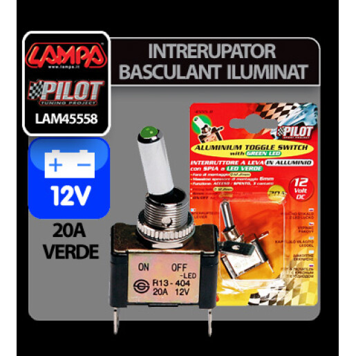 Intrerupator basculant cu LED, 2 terminale 12V - 20A - Verde