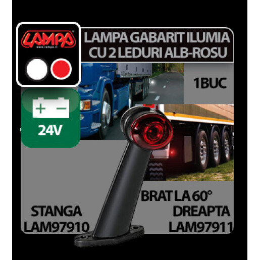 Lampa gabarit camion Ilumia cu brat 60° - cu 2 LED-uri 24V - Alb/Rosu - Dreapta