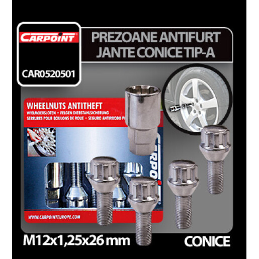 Prezoane antifurt jante conice M12x1,25mm 4buc - Tip A