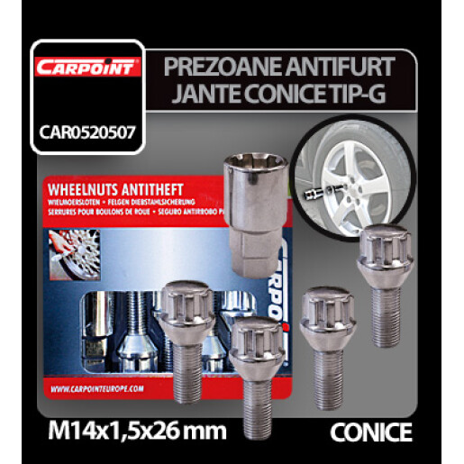 Prezoane antifurt jante conice M14x1,5mm 4buc - Tip G