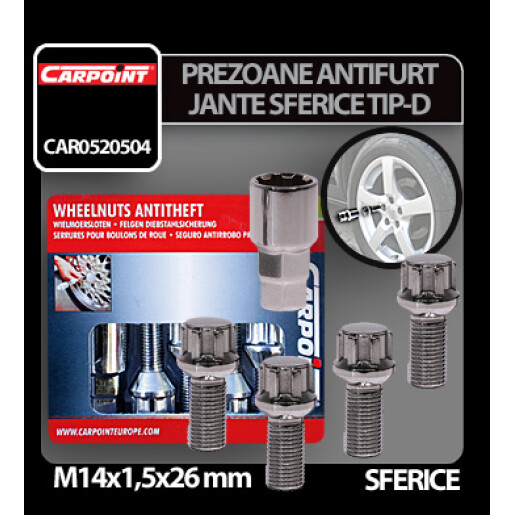 Prezoane antifurt jante sferice M14x1,5mm 4buc - Tip D
