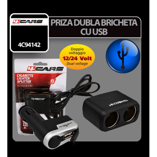 Priza dubla bricheta cu USB 12/24V 4Cars