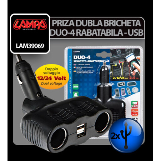 Priza dubla rabatabila Duo-4 la bricheta 12/24V + USB