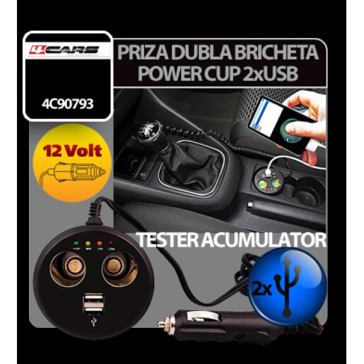 Priza dubla Power Cup la bricheta cu tester acum. + USB 12V 4Cars