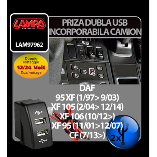 Priza dubla USB incorporabila 12/24V camion - Daf