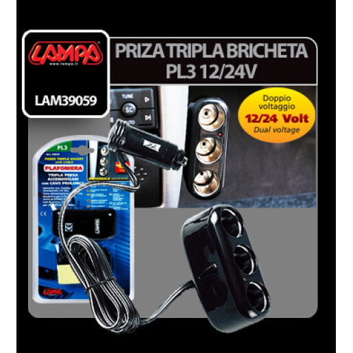 Priza tripla bricheta PL3 cu calblu 200cm 12/24V