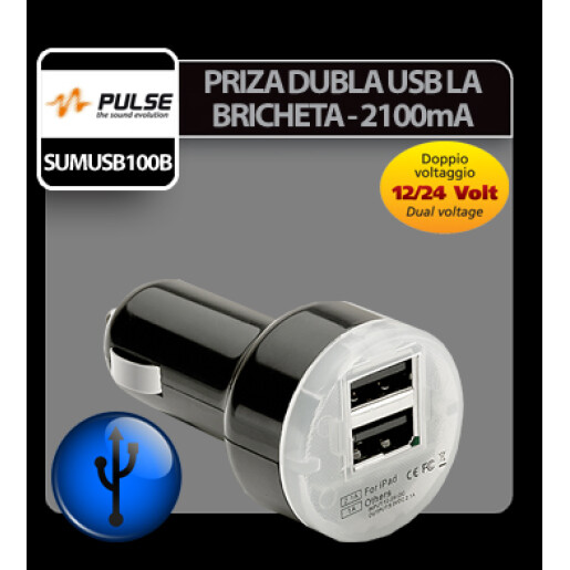 Priza dubla USB la bricheta 12/24V - 2100 mA Pulse - Negru